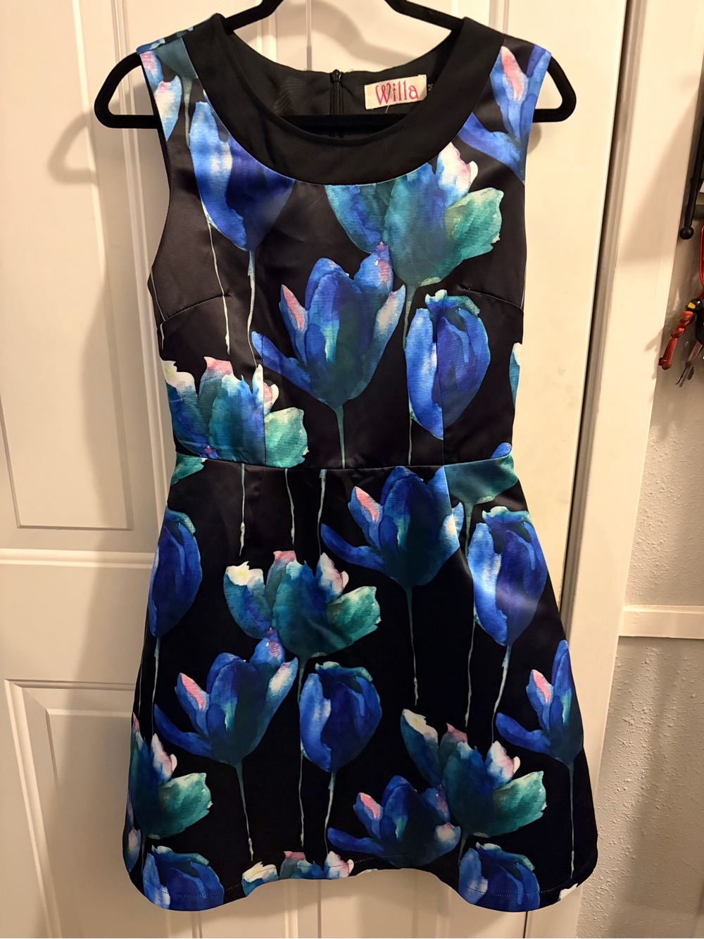NWT Willa Boutique Blue Satin Floral Fit-and-Flare Dress- Size M
